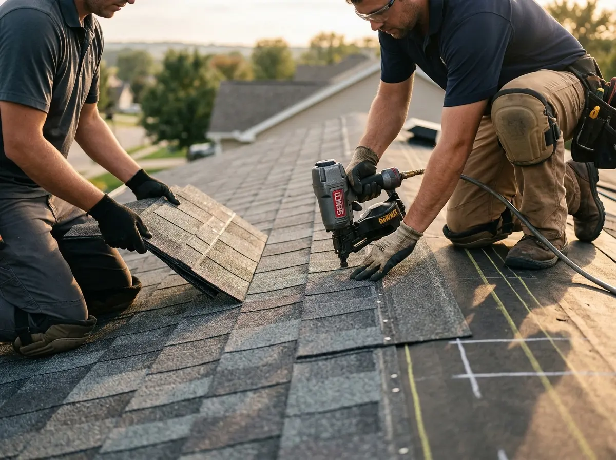 Professional roofer working on a residential roof in Los Fresnos
